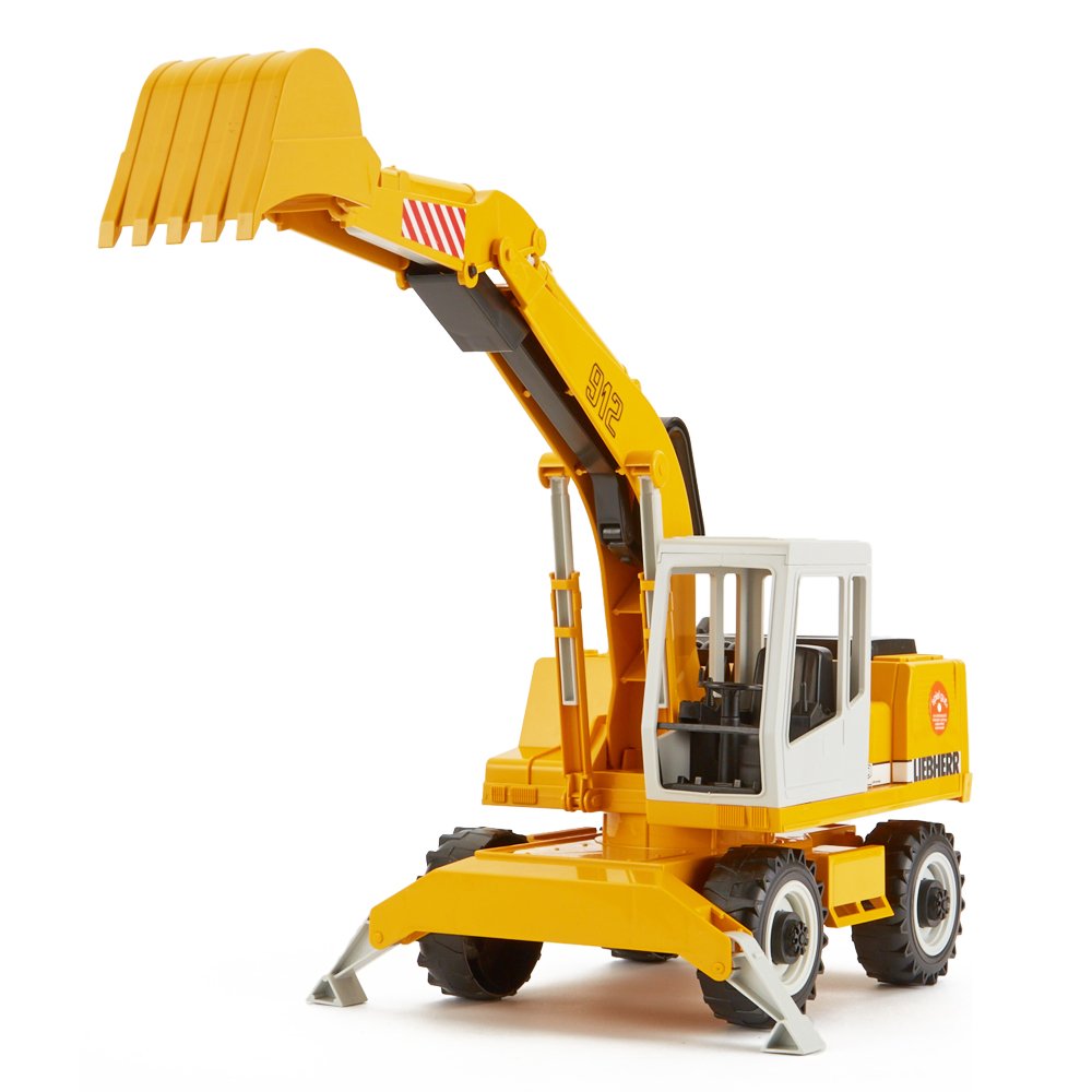 Liebherr Power Shovel toy with fully functional shovel arm, 360° rotating cab, and stable support legs.