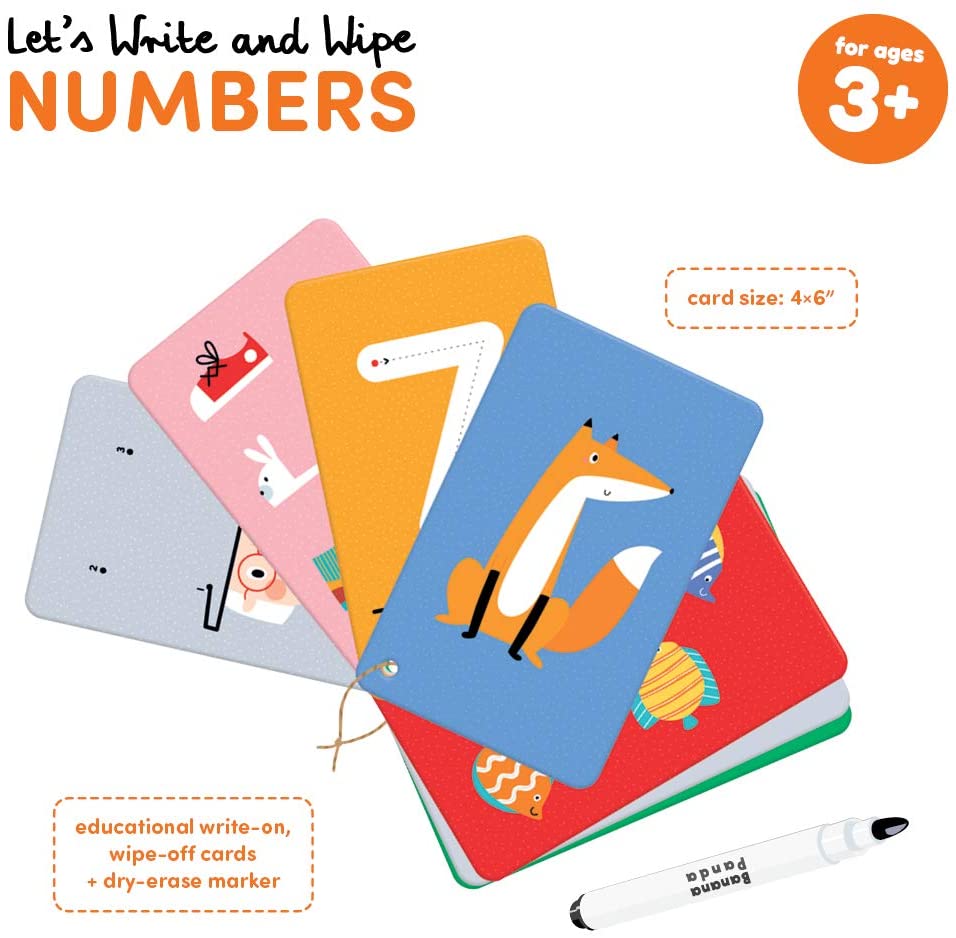 Let's Write & Wipe Numbers educational cards with 56 pages for ages 3+, featuring write-on, wipe-off activities.