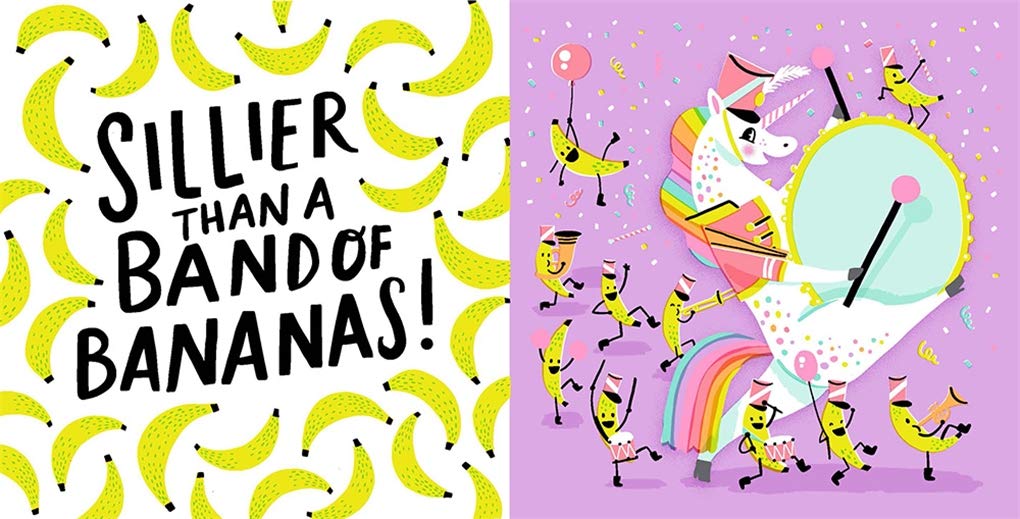 My Mom is Magical! board book cover with a joyful unicorn playing a drum surrounded by dancing bananas.
