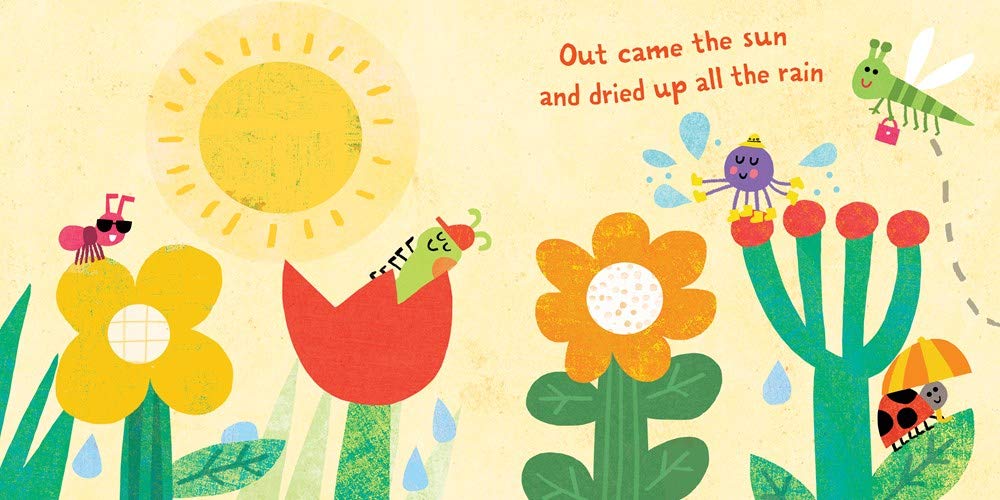 Illustration from Indestructibles: Itsy Bitsy Spider showing colorful flowers, sun, insects, and rain drops in a child-friendly style.