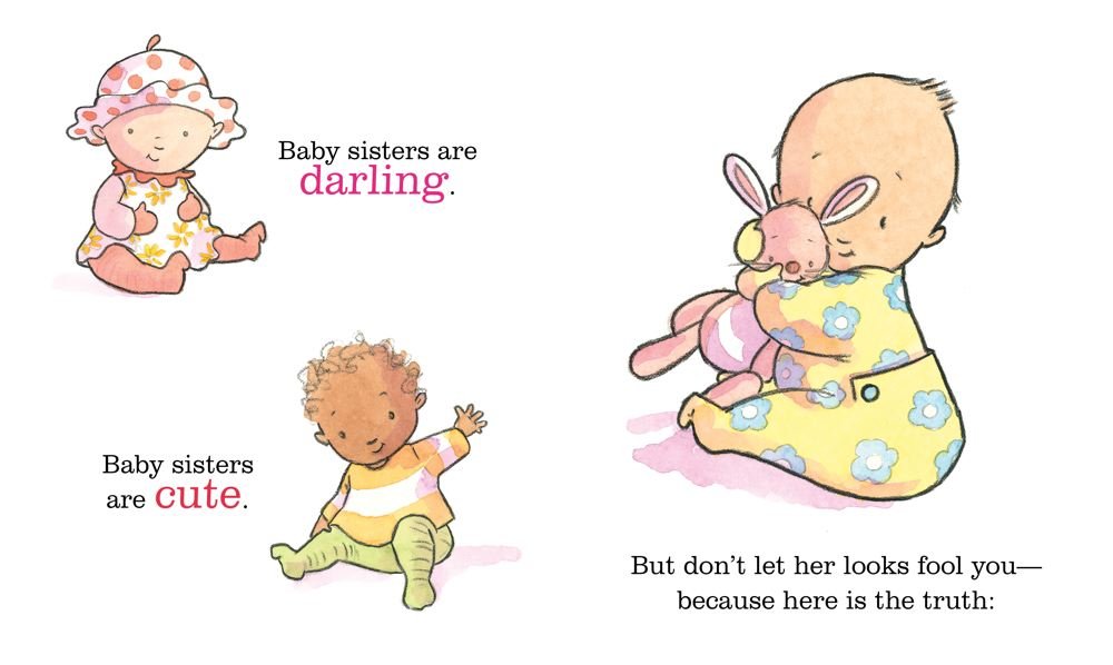 Illustration from "You're Getting a Baby Sister" showing cute baby sisters and a toddler hugging a stuffed bunny.