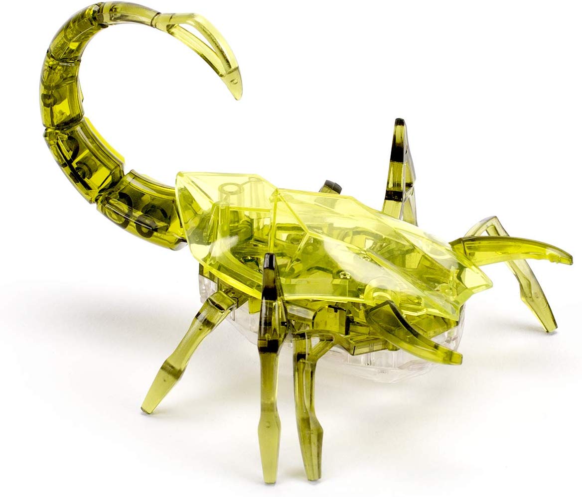 Hex Bots Scorpion in translucent yellow with bouncing tail and free-swinging claws for fast autonomous crawling.