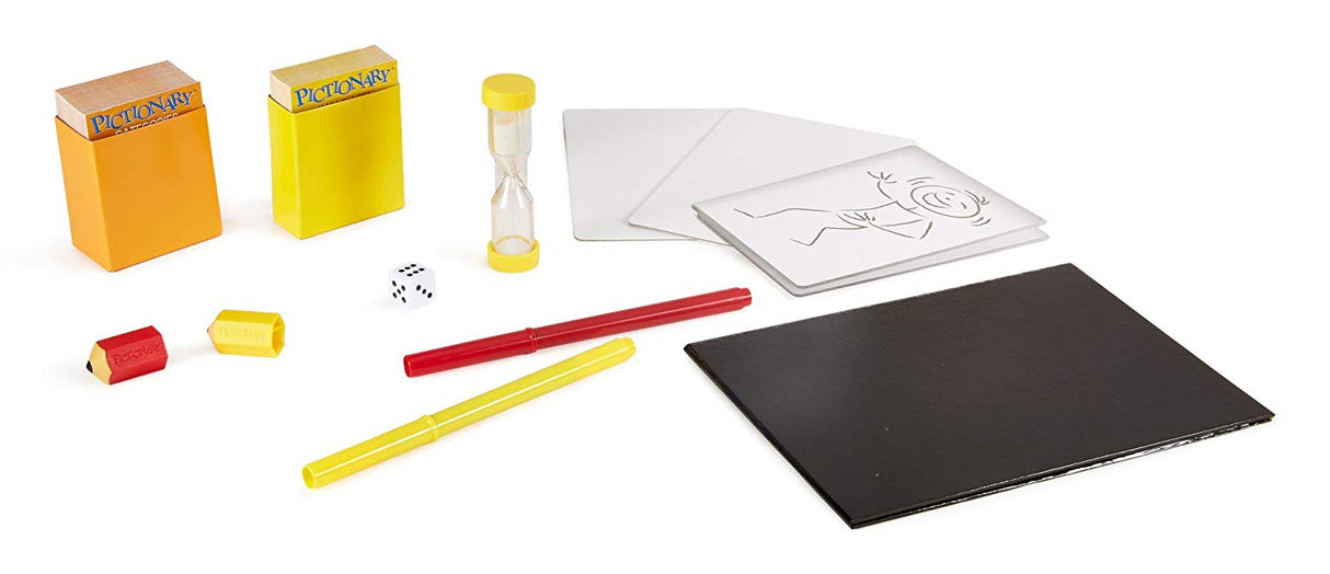 Pictionary game set with cards, dry erase boards, markers, timer, and dice for drawing and guessing fun.