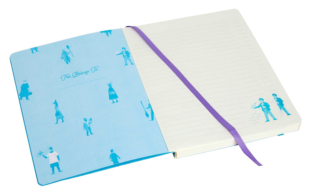 Exploring Diagon Alley Notebook showing lined pages with wizard illustrations and a purple ribbon marker.