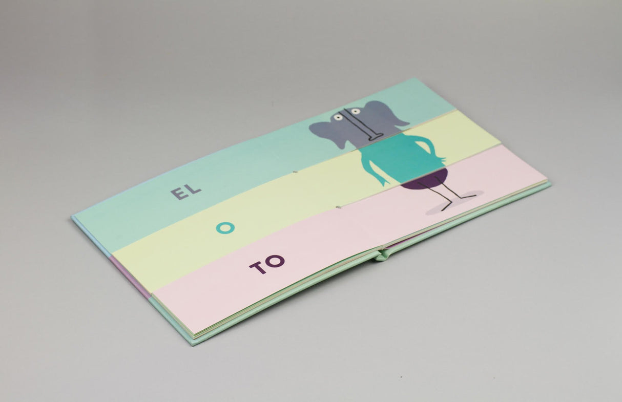 Miximal die-cut book open to colorful animal character with mix-and-match letters for learning spelling.