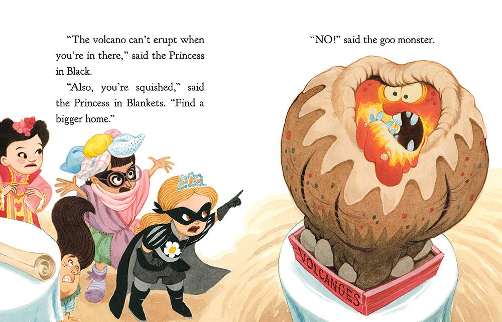 Illustration from The Princess in Black and the Science Fair showing the Princess in Black confronting a goo monster at the science fair.