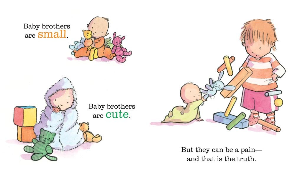 You're Getting a Baby Brother board book with illustrations showing baby brothers as small and cute but sometimes a pain.
