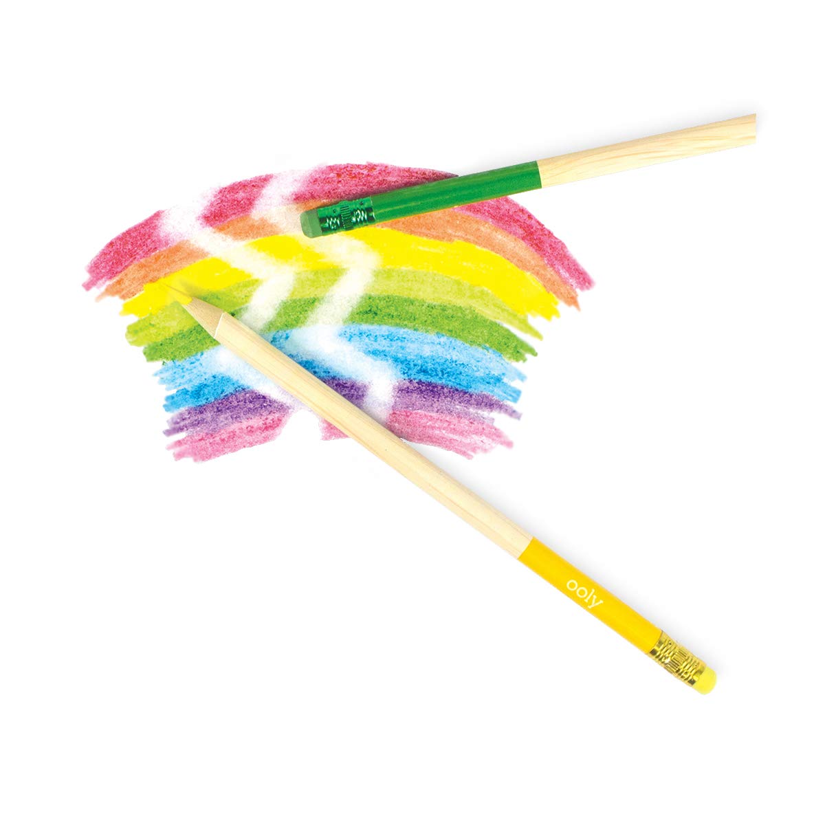 Un-Mistake-Ables! Erasable Colored Pencils drawing a rainbow with erasable colored pencil marks and eraser tips.