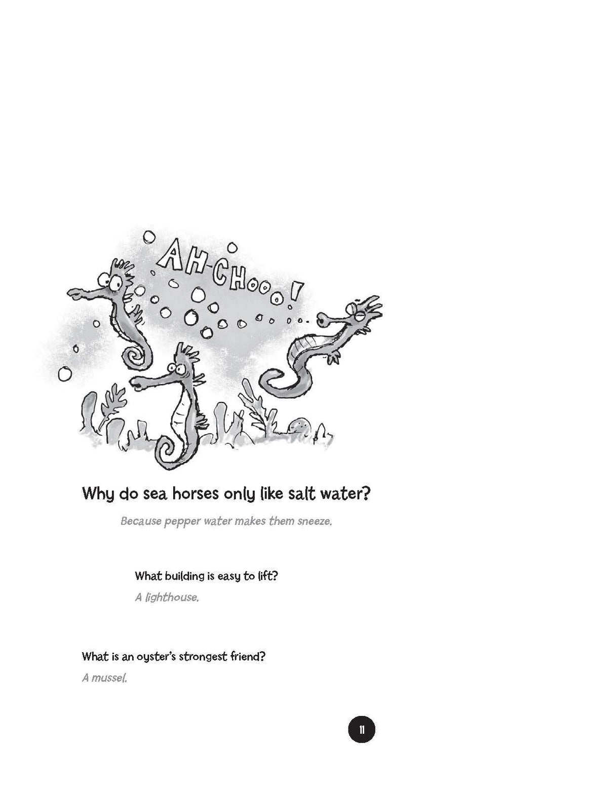 Page from Highlights Laugh Attack! kids joke book featuring sea horse cartoon and family-friendly jokes.