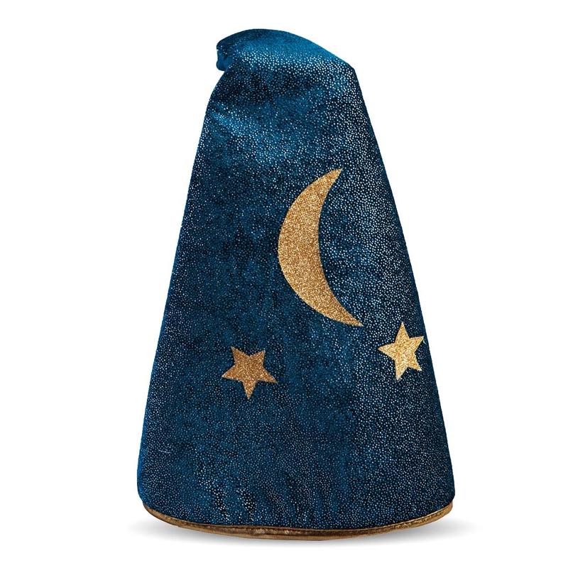 Starry Night Wizard Cape & Hat featuring soft midnight blue fabric with gold moon and star decals, size 5-6 for creative play.
