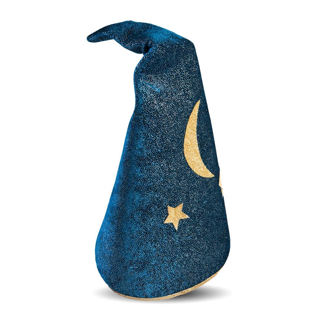 Starry Night Wizard Cape & Hat featuring a soft midnight blue wizard hat with moon and star decals, size 5-6.
