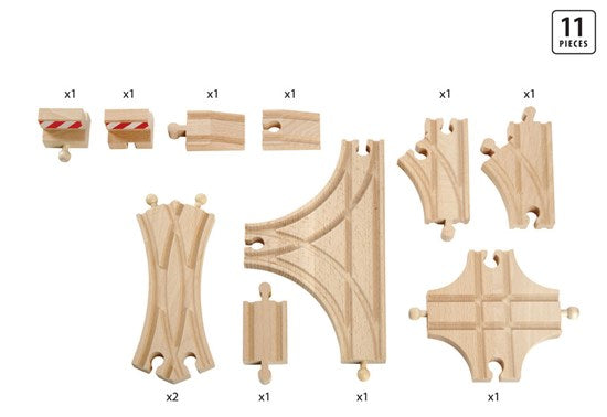 Advanced Track Expansion Pack showing 11 wooden track pieces and accessories for BRIO railway system expansion.