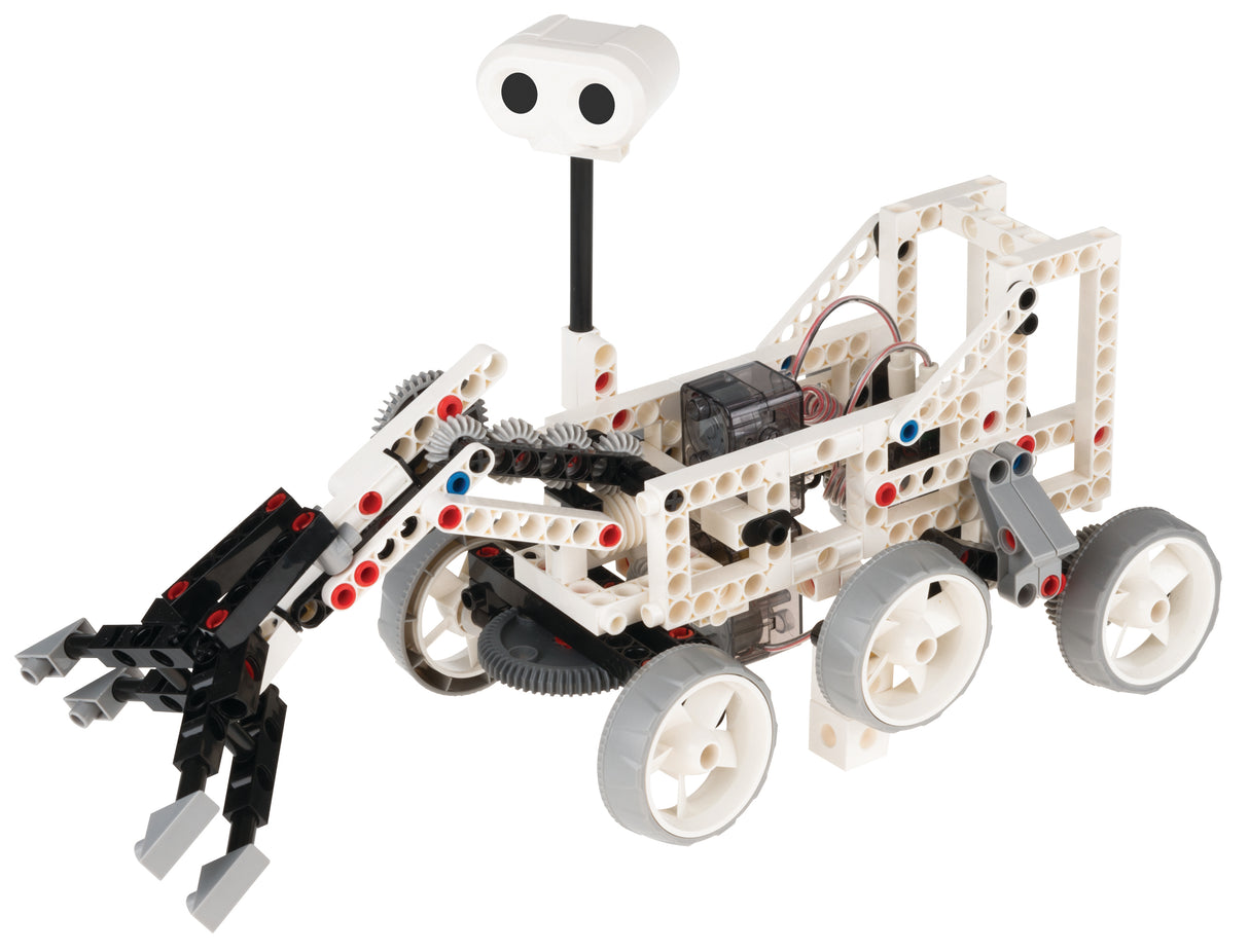 Remote Control Space Explorers robotic rover model with claw arm and wheels for exploring Mars and outer space terrains.