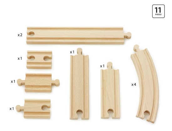 Beginner Track Expansion Pack showing 11 wooden train track pieces for BRIO railway set extension and endless rail adventures.