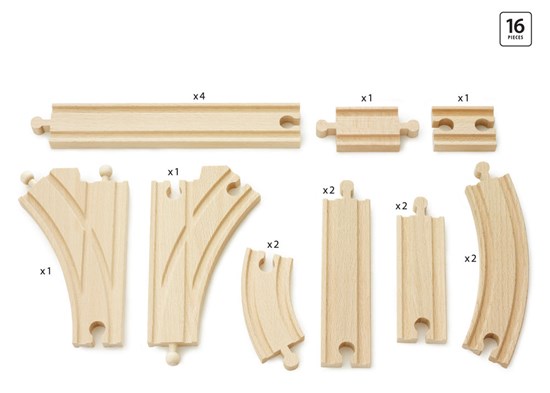 Intermediate Track Expansion Pack with 16 wooden railway pieces to extend and customize your BRIO train track set.