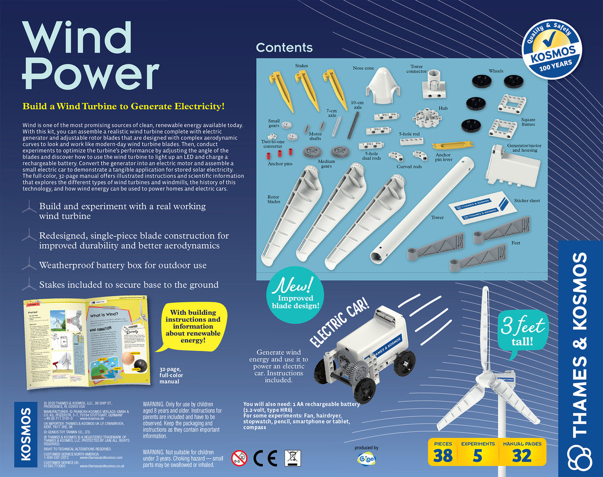 Wind Power kit with parts to build a working wind turbine, electric generator, and small electric car model.