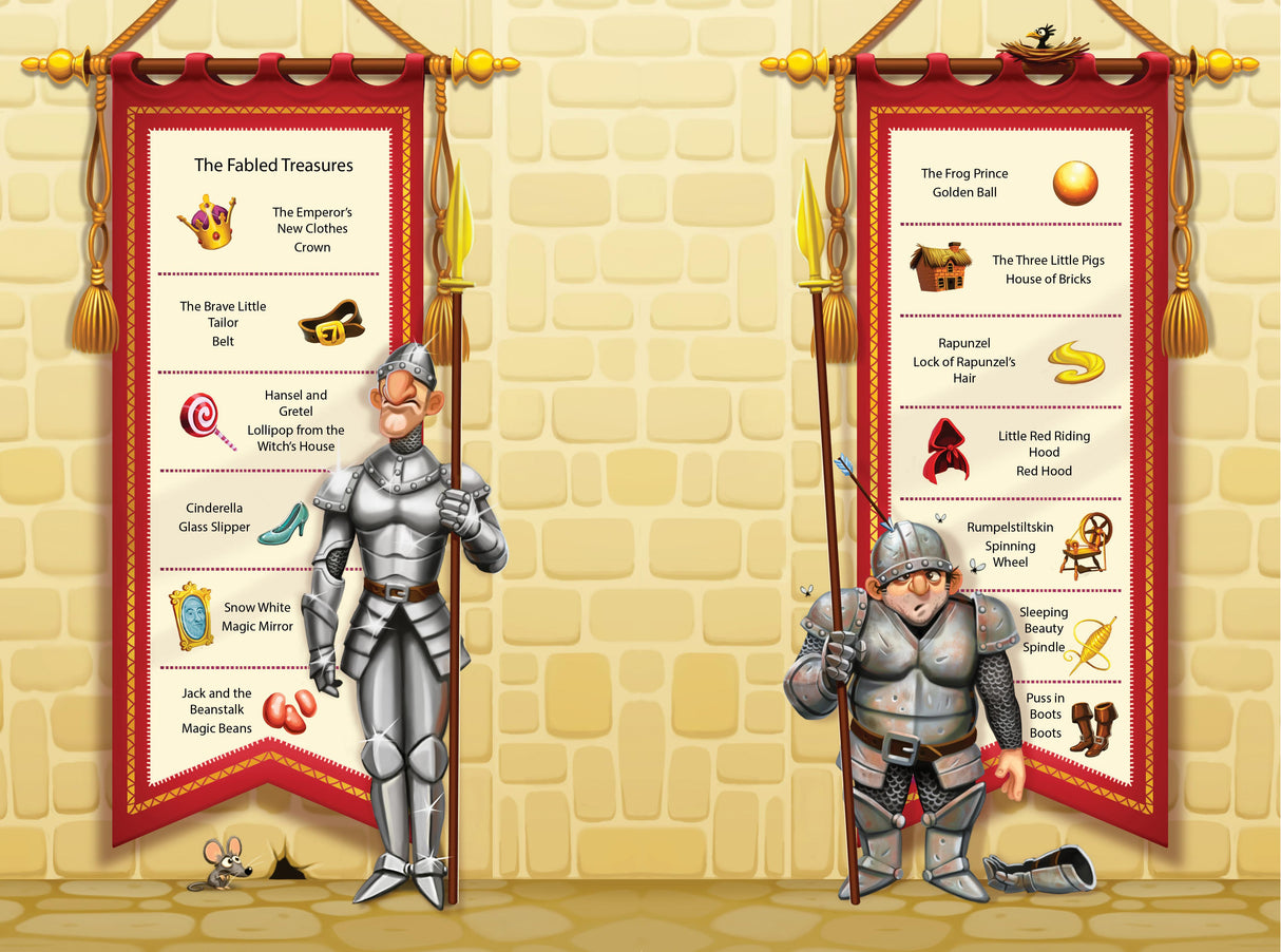 Enchanted Forest game scene featuring knights and banners listing classic fairy tale treasures to find.