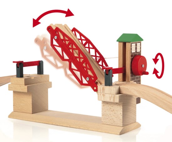 Lifting Bridge wooden toy for railway with crank to lift the bridge and lower stop barriers, suitable for ages 3+