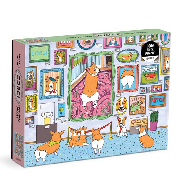 1000pc Museum of the Corgi Puzzle featuring playful corgis in a colorful museum setting with framed artwork illustrations.