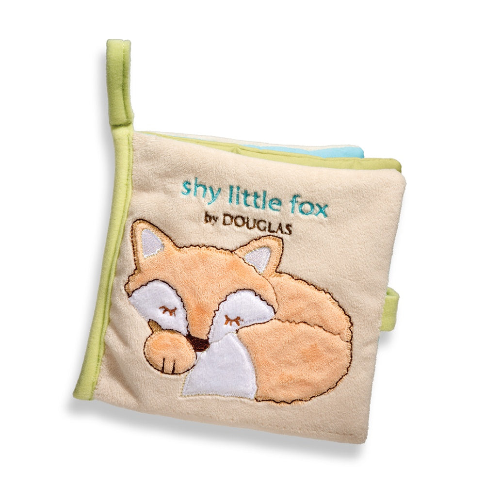 Shy Little Fox Soft Book with plush fabric, featuring a sleeping fox design and interactive pages for babies.
