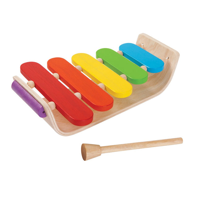 Wooden Xylophone with colorful keys and mallet made from recycled rubberwood for children's musical play and learning.