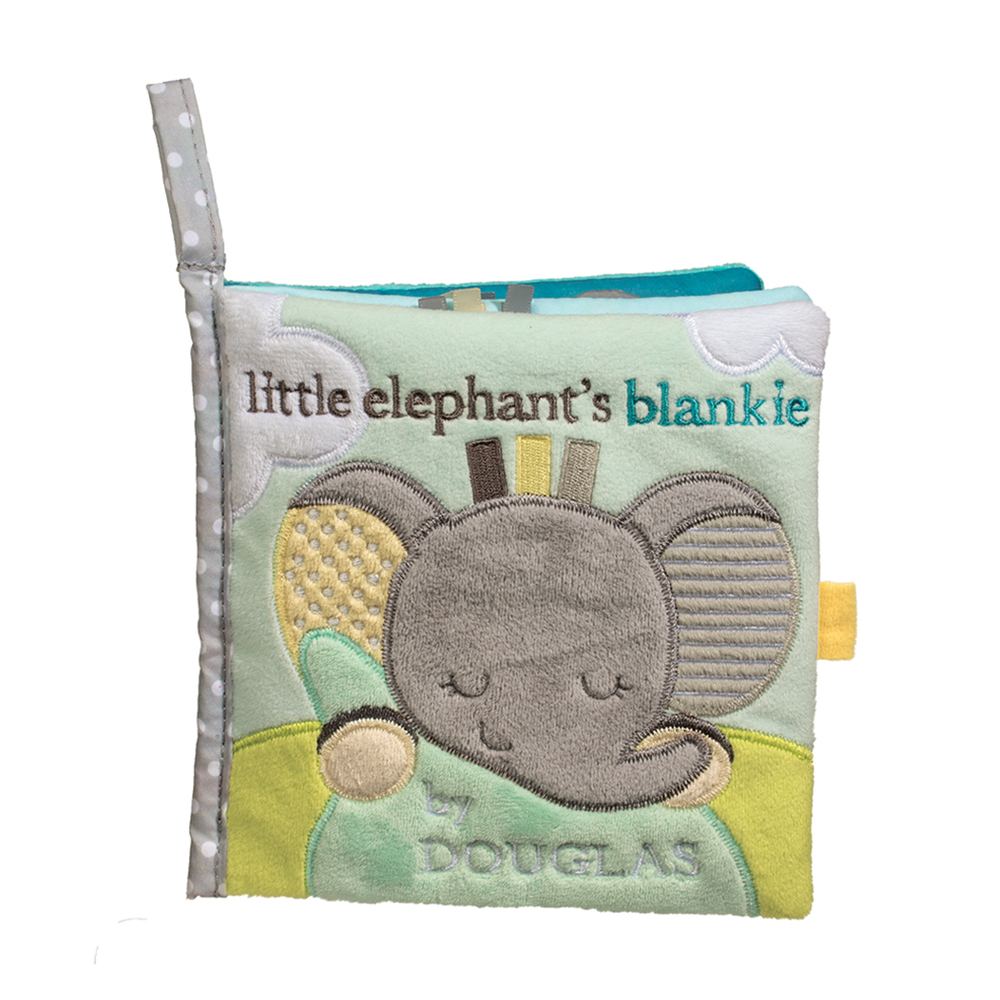 Elephant Soft Book featuring a soft gray elephant with textured appliqué and playful ribbon tabs for baby exploration.