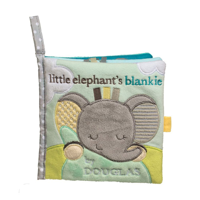 Elephant Soft Book featuring a soft gray elephant with textured appliqué and playful ribbon tabs for baby exploration.