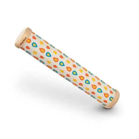 Rainmaker Wooden musical toy with colorful teardrop patterns, made from sustainable rubberwood for creative play.