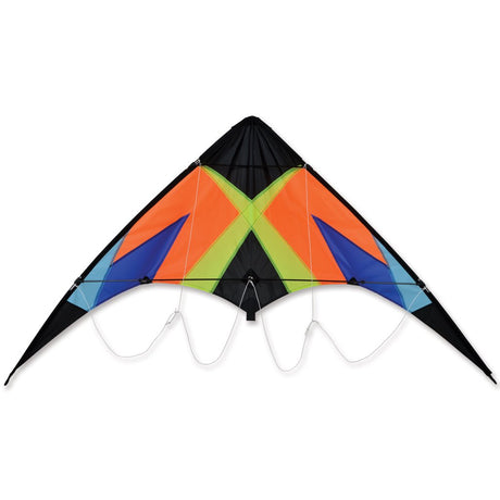 Zoomer 2.0 Sports Kite | Neon X with neon orange, blue, green design, fiberglass frame, and included flying handles and line.