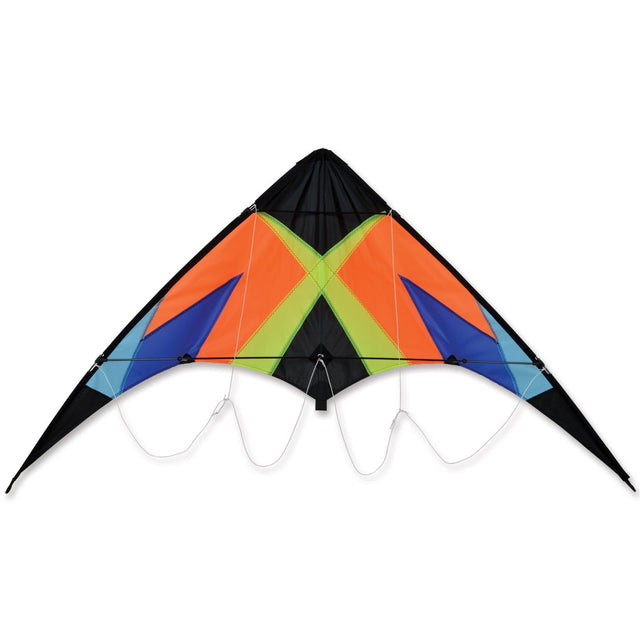 Zoomer 2.0 Sports Kite | Neon X with neon orange, blue, green design, fiberglass frame, and included flying handles and line.