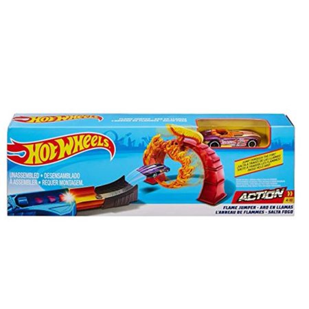 Hot Wheels Classic Stunts playset with orange track, flame jump loop, and a pink stunt car included for kids ages 4 and up.