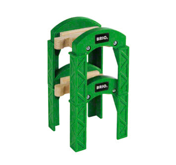 Green wooden BRIO stacking supports for building multi-level railway bridges and tunnels, ideal for creative play.