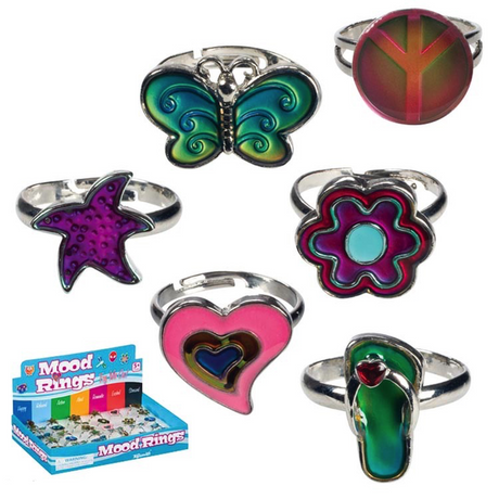 Mood Ring Beachy Garden showing colorful adjustable mood rings including butterfly, starfish, flower, heart, peace sign, and flip-flop designs.