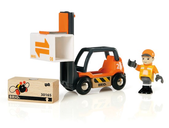 Forklift toy with an orange and black design, a poseable figure, and cargo boxes for imaginative play.