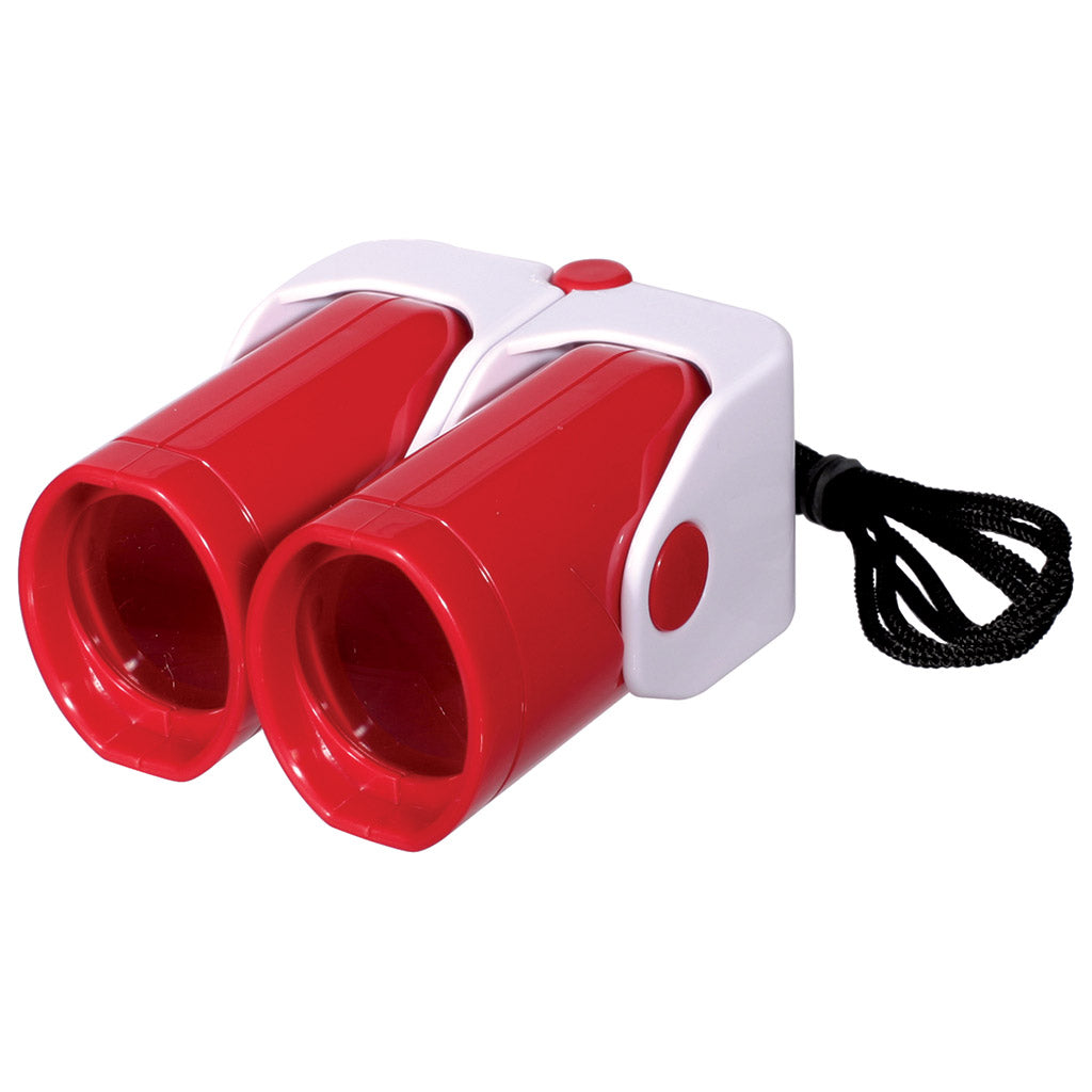 Folding Binoculars in red with white frame, portable 3X magnification, foldable design, ideal for kids ages 5+ with neck strap.