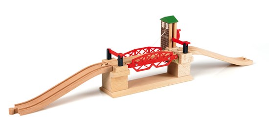 Lifting Bridge wooden railway toy with red lifting bridge, crank, stop barriers, and ascending tracks for kids 3+