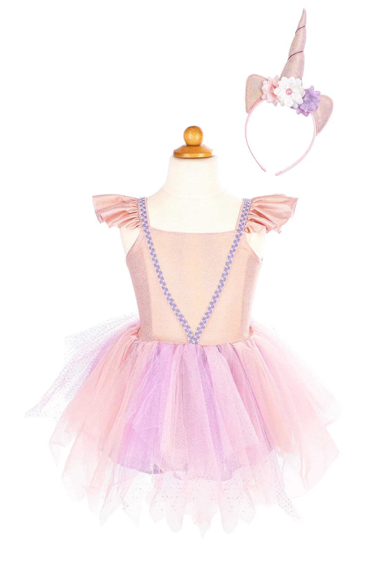 Pink Shimmer Unicorn Dress & Headband Size 5-6 with ruffled sleeves, tulle skirt, and floral unicorn headband.