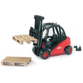 Linde Fork Lift H30D toy model with double-stage lift mast, detachable forks, and realistic Porsche design in red and black.