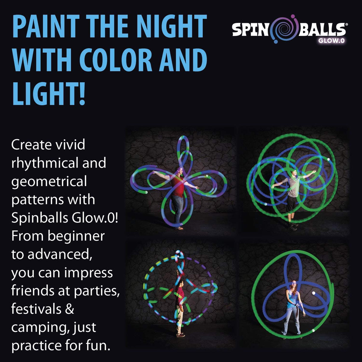 Light Up Spin Balls showing colorful LED light patterns creating vibrant, rhythmic night visuals for fun and practice.