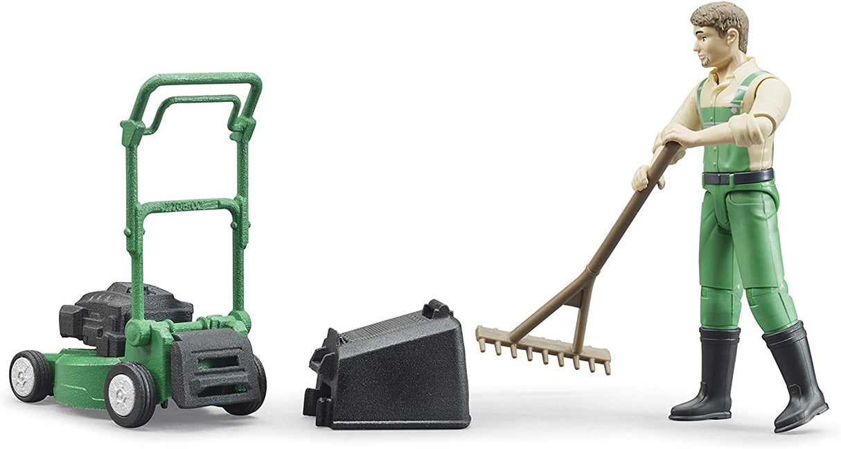 Jeffrey & Lawnmower playset with gardener figure, lawnmower, and rake for creative gardening role play.