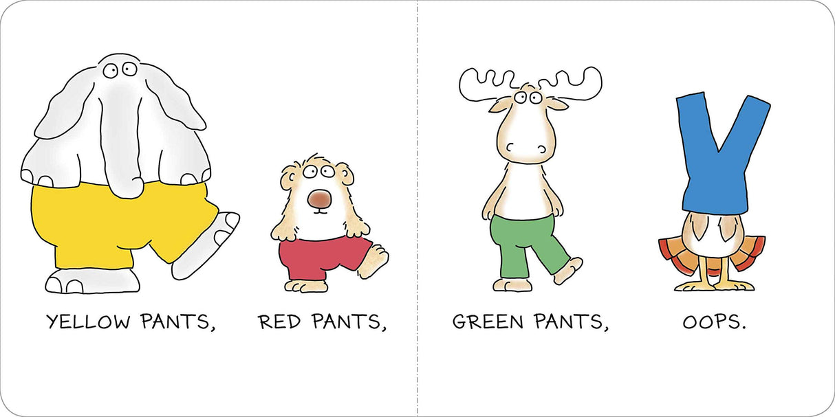Open book illustration from Blue Hat Green Hat showing animals in colorful pants learning colors and clothes.