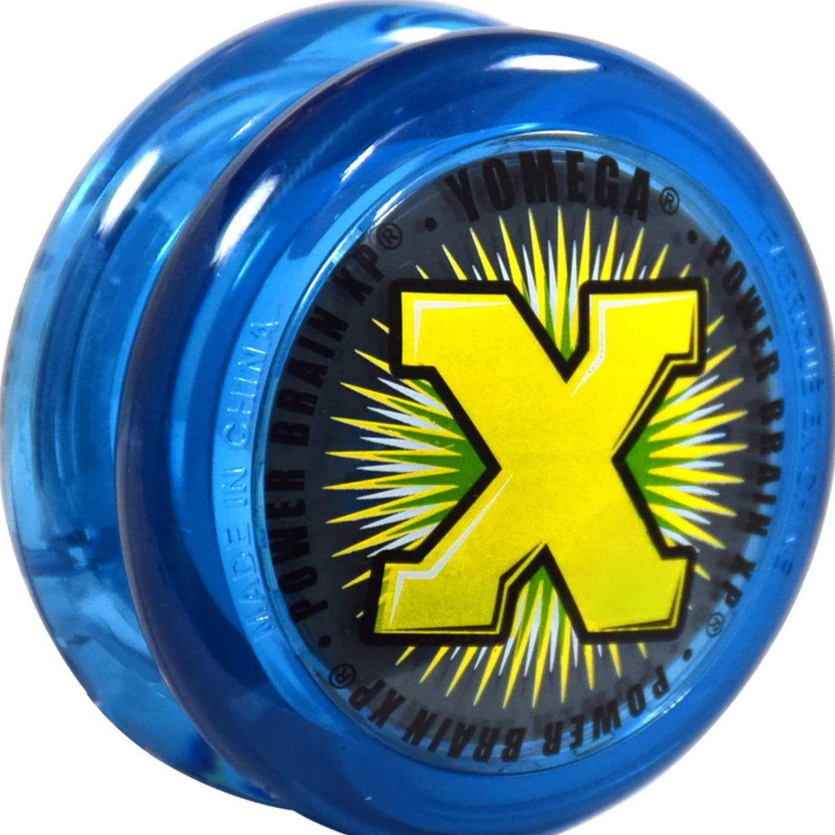 Yoyo | Power Brain XP with blue translucent body and bold yellow X logo in the center for beginner and intermediate players