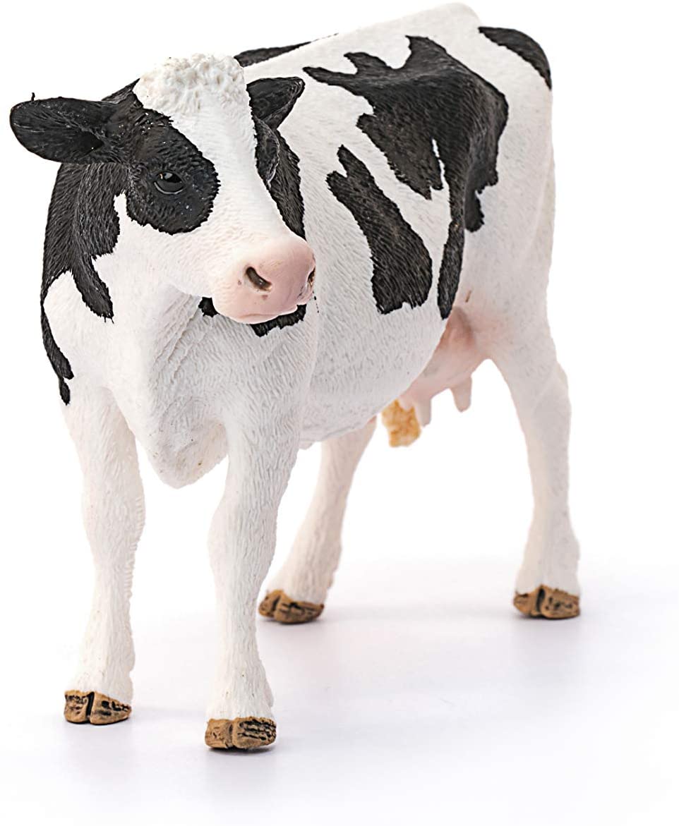 Holstein Cow model showing detailed black and white markings standing on a white background, realistic farm animal toy.