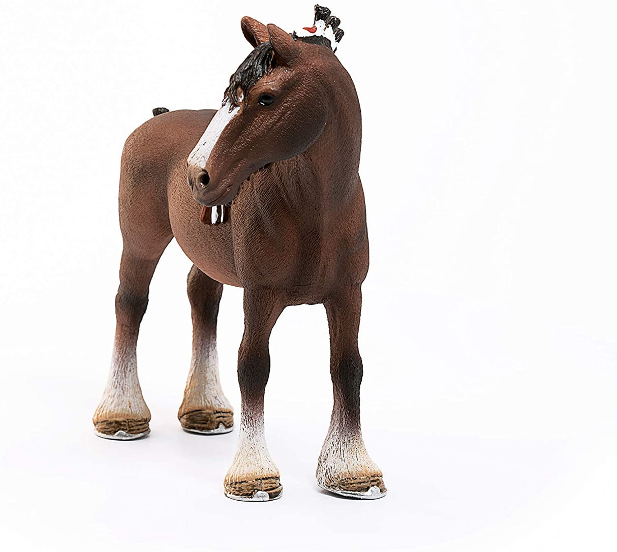 Clydesdale Gelding Horse figurine with brown coat, white feathered legs, and detailed mane on a white background.