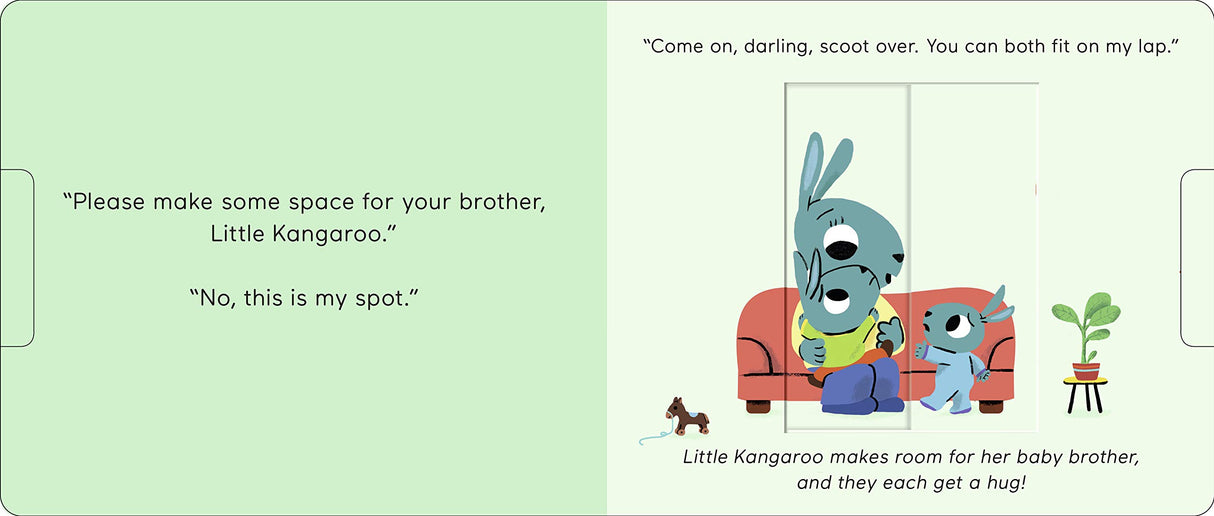 Sharing: Pull & Play board book page showing Little Kangaroo making space for her baby brother to sit on her lap.