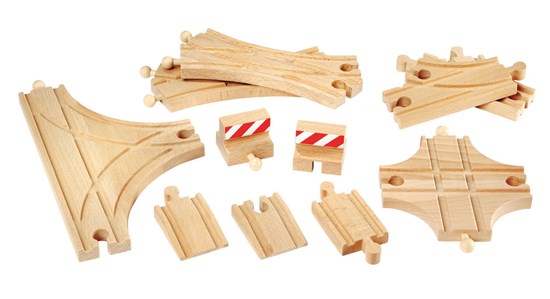 Advanced Track Expansion Pack with wooden railway switches and accessories to expand BRIO train sets for ages 3 and up.