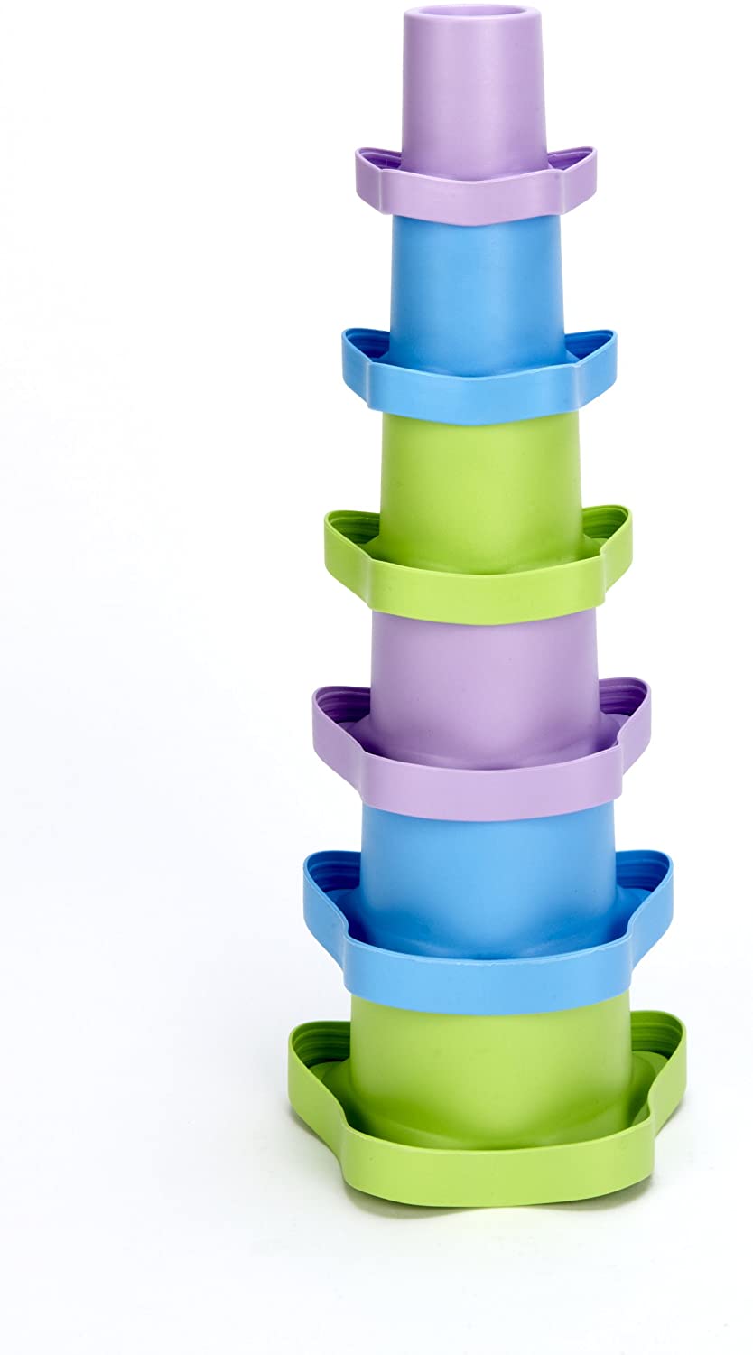 Stacked colorful Stackig Cups in green, blue, and purple for bath and play time learning basic counting and math concepts.