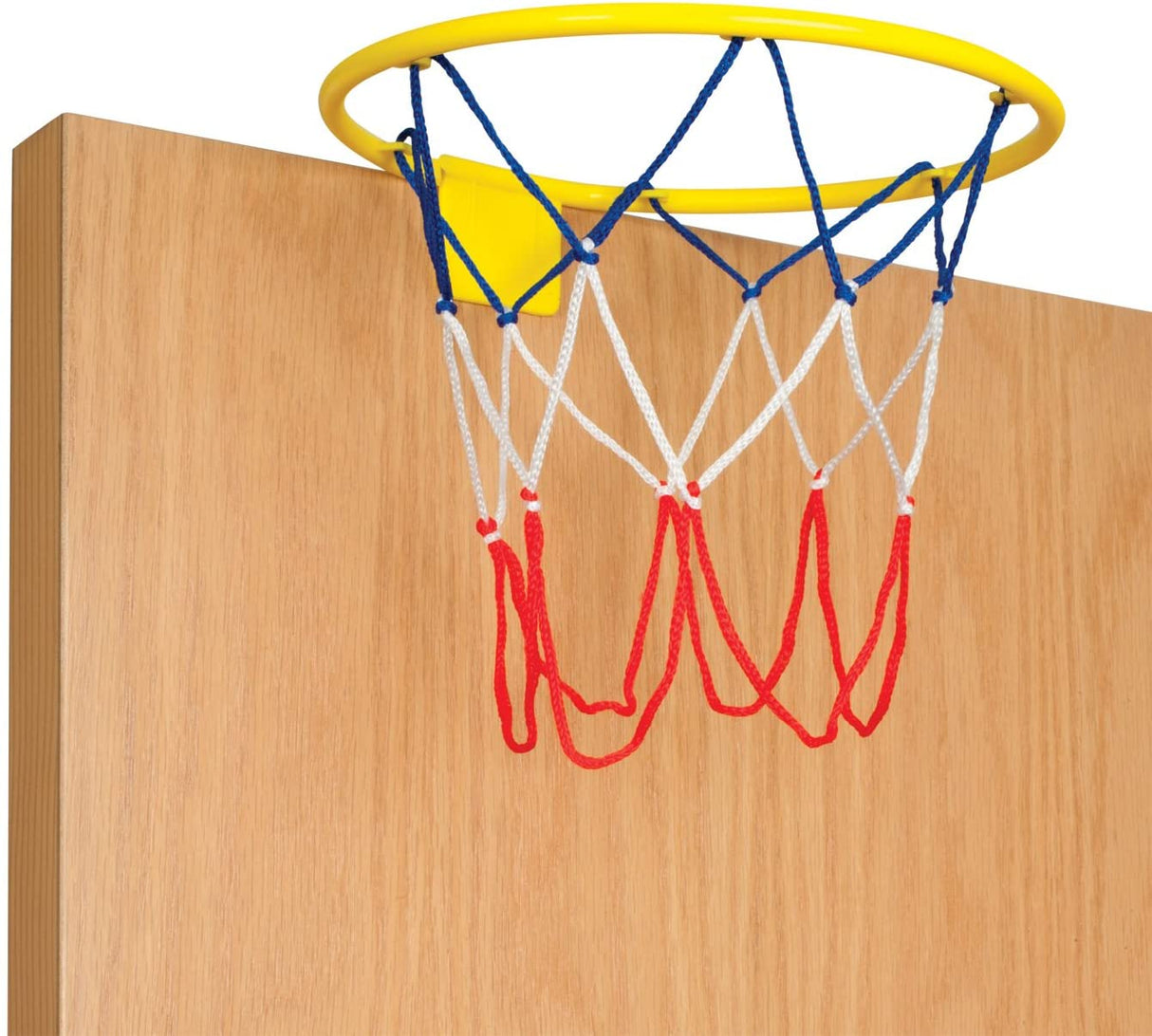 Hoops Basketball Set showing a door-mounted yellow rim with red, white, and blue net for indoor basketball play.