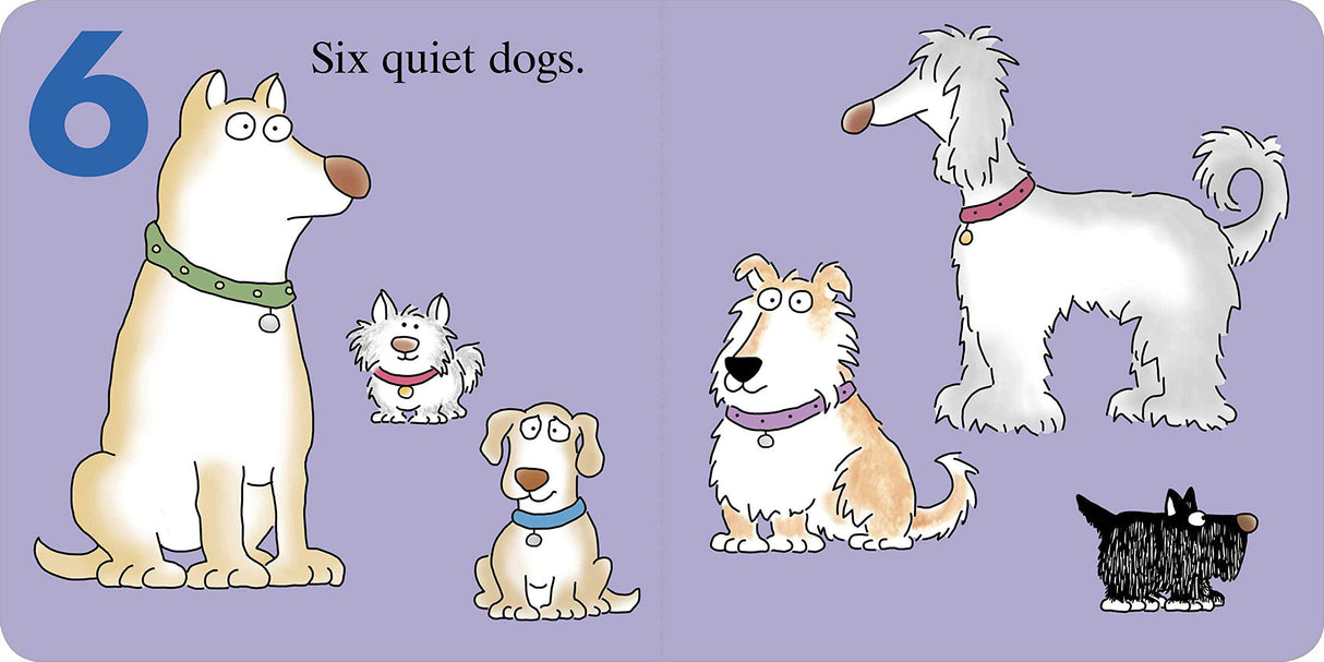 Doggies book page showing six illustrated quiet dogs on purple background for children ages 0-3.