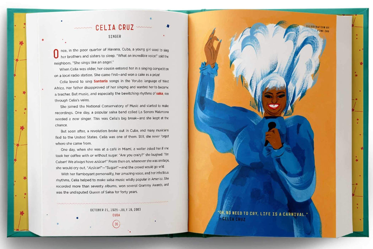 Good Night Stories For Rebel Girls 2 open book featuring Celia Cruz story and colorful illustrated portrait.